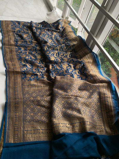 Zynah Pure Handloom Banarasi Woven Khaddi Georgette Saree with Antique Zari Shikargah Design; Custom Stitched/Ready-made Blouse, Fall, Petticoat; Shipping available USA, Worldwide