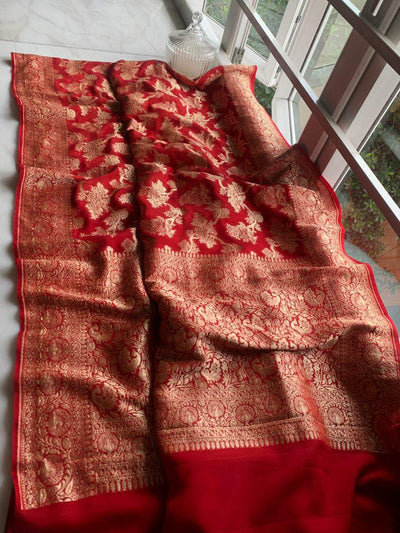 Zynah Pure Handloom Banarasi Woven Khaddi Georgette Saree with Antique Zari Weave; Custom Stitched/Ready-made Blouse, Fall, Petticoat; Shipping available USA, Worldwide