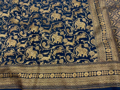 Zynah Pure Handloom Banarasi Woven Khaddi Georgette Saree with Antique Zari Shikargah Design; Custom Stitched/Ready-made Blouse, Fall, Petticoat; Shipping available USA, Worldwide