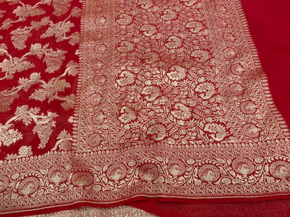 Zynah Pure Handloom Banarasi Woven Khaddi Georgette Saree with Antique Zari Weave; Custom Stitched/Ready-made Blouse, Fall, Petticoat; Shipping available USA, Worldwide