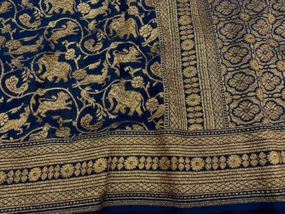 Zynah Pure Handloom Banarasi Woven Khaddi Georgette Saree with Antique Zari Shikargah Design; Custom Stitched/Ready-made Blouse, Fall, Petticoat; Shipping available USA, Worldwide