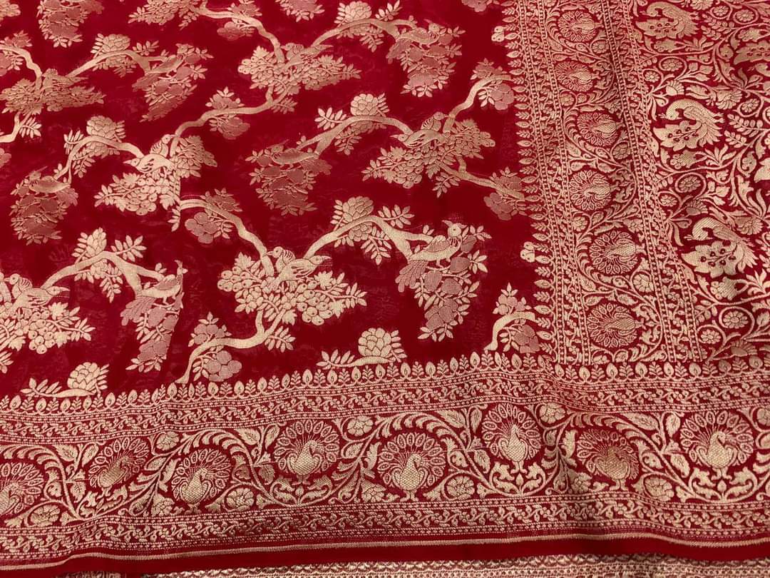 Zynah Pure Handloom Banarasi Woven Khaddi Georgette Saree with Antique Zari Weave; Custom Stitched/Ready-made Blouse, Fall, Petticoat; Shipping available USA, Worldwide