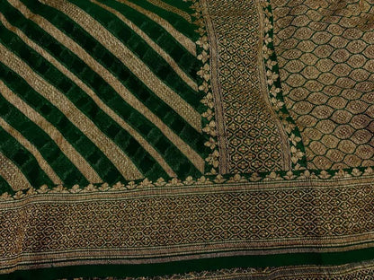 Zynah Pure Handloom Banarasi Woven Khaddi Georgette Saree with Diagonal Antique Stripes; Custom Stitched/Ready-made Blouse, Fall, Petticoat; Shipping available USA, Worldwide