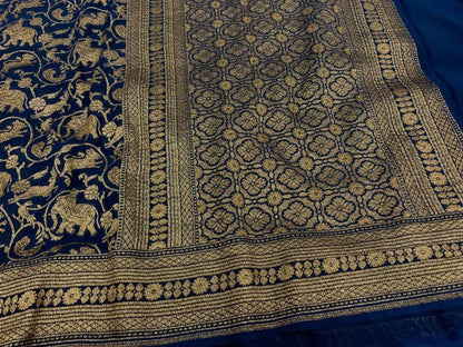 Zynah Pure Handloom Banarasi Woven Khaddi Georgette Saree with Antique Zari Shikargah Design; Custom Stitched/Ready-made Blouse, Fall, Petticoat; Shipping available USA, Worldwide