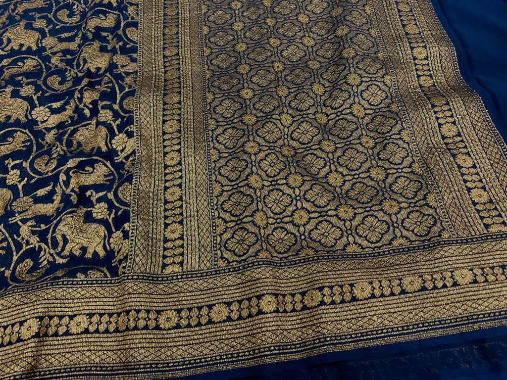 Zynah Pure Handloom Banarasi Woven Khaddi Georgette Saree with Antique Zari Shikargah Design; Custom Stitched/Ready-made Blouse, Fall, Petticoat; Shipping available USA, Worldwide