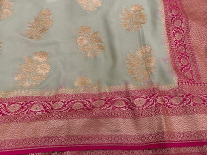 Zynah Pure Handloom Banarasi Woven Khaddi Georgette Saree with Diagonal Antique Stripes; Custom Stitched/Ready-made Blouse, Fall, Petticoat; Shipping available USA, Worldwide
