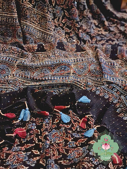 Zynah Black Pure Georgette Sequence Work Saree with Ajrakh Handblock Prints; Custom Stitched/Ready-made Blouse, Fall, Petticoat; SKU: xyz-0301202301