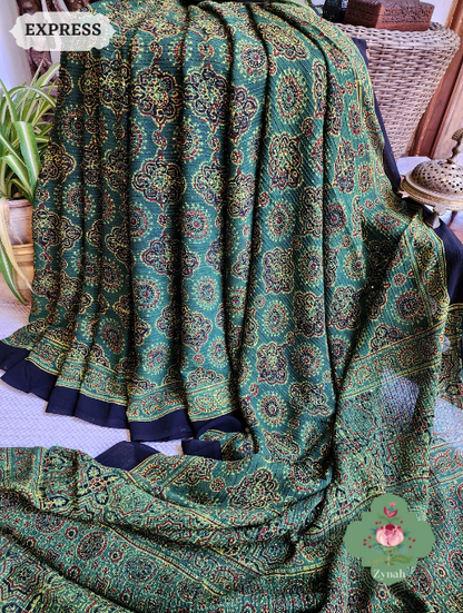 Zynah Green Pure Georgette Silk Ajrakh Saree With Sequin Work; Custom Stitched/Ready-made Blouse, Fall, Petticoat; SKU: 2102202301