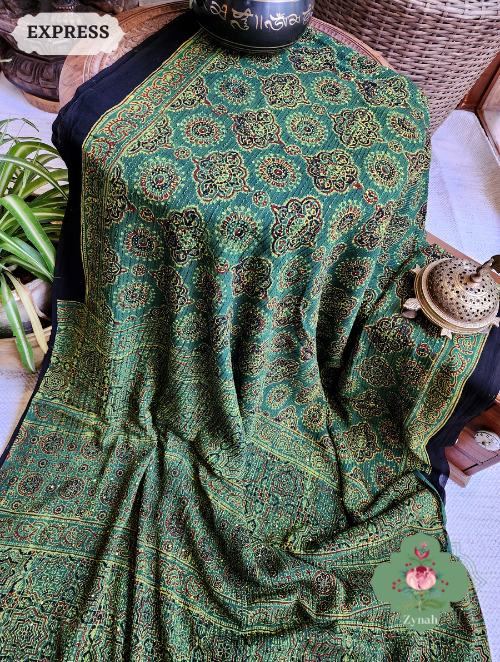 Zynah Green Pure Georgette Silk Ajrakh Saree With Sequin Work; Custom Stitched/Ready-made Blouse, Fall, Petticoat; SKU: 2102202301