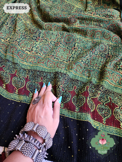 Zynah Green Pure Georgette Silk Ajrakh Saree With Sequin Work; Custom Stitched/Ready-made Blouse, Fall, Petticoat; SKU: 2102202301