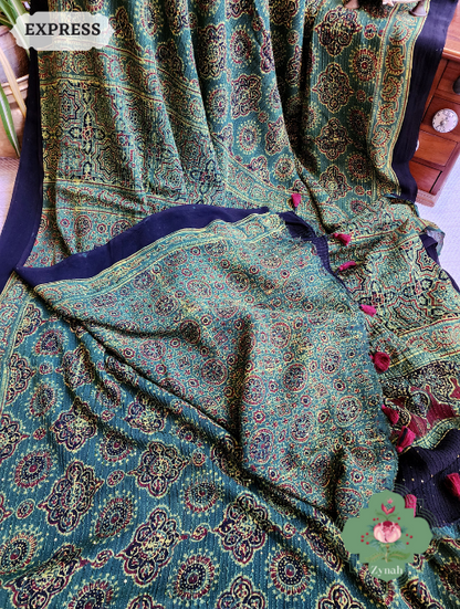 Zynah Green Pure Georgette Silk Ajrakh Saree With Sequin Work; Custom Stitched/Ready-made Blouse, Fall, Petticoat; SKU: 2102202301
