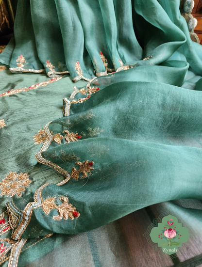 Zynah Green Pure Organza Silk Saree With Pastel Sequins & Zardosi Handwork with Scalloped Border; Custom Stitched/Ready-made Blouse, Fall, Petticoat; SKU: 1703202301