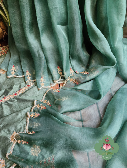 Zynah Green Pure Organza Silk Saree With Pastel Sequins & Zardosi Handwork with Scalloped Border; Custom Stitched/Ready-made Blouse, Fall, Petticoat; SKU: 1703202301