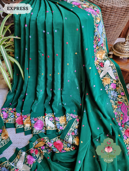 Zynah Made to Order Green Pure Crepe Silk Hand Embroidered Parsi Gara Saree, Authentic Vintage Art, Heirloom Piece; Custom Stitched/Ready-made Blouse, Fall, Petticoat; SKU: 2302202302