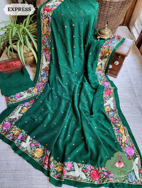 Zynah Green Pure Crepe Silk Hand Embroidered Parsi Gara Saree, Authentic Vintage Art, Heirloom Piece; Custom Stitched/Ready-made Blouse, Fall, Petticoat; SKU: 2302202302