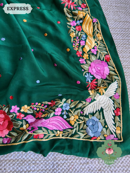 Zynah Made to Order Green Pure Crepe Silk Hand Embroidered Parsi Gara Saree, Authentic Vintage Art, Heirloom Piece; Custom Stitched/Ready-made Blouse, Fall, Petticoat; SKU: 2302202302