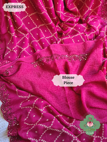 Zynah Hot Pink Wrinkle Crepe Silk Saree with Bandhani Inspired Prints & Mirror Work Scalloped Borders; Custom Stitched/Ready-made Blouse, Fall, Petticoat; SKU: 0202202302