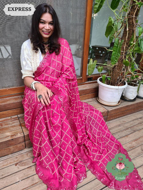 Zynah Hot Pink Wrinkle Crepe Silk Saree with Bandhani Inspired Prints & Mirror Work Scalloped Borders; Custom Stitched/Ready-made Blouse, Fall, Petticoat; SKU: 0202202302
