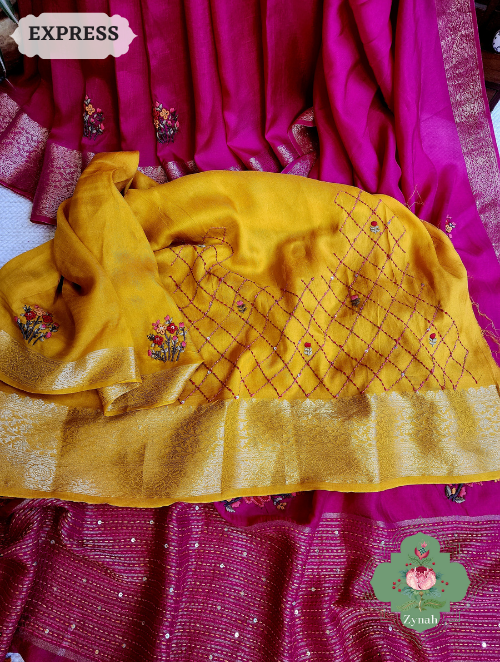 Zynah Hot Pink Munga Silk Saree With Zari Borders And Frenchknot & Kantha Embroidery; Custom Stitched/Ready-made Blouse, Fall, Petticoat; SKU: 1804202301