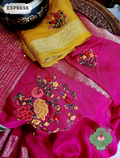 Zynah Hot Pink Munga Silk Saree With Zari Borders And Frenchknot & Kantha Embroidery; Custom Stitched/Ready-made Blouse, Fall, Petticoat; SKU: 1804202301
