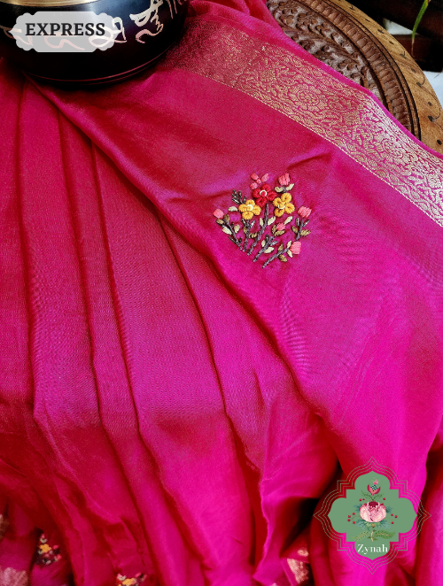 Zynah Hot Pink Munga Silk Saree With Zari Borders And Frenchknot & Kantha Embroidery; Custom Stitched/Ready-made Blouse, Fall, Petticoat; SKU: 1804202301