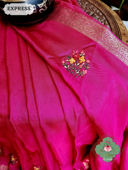 Zynah Hot Pink Munga Silk Saree With Zari Borders And Frenchknot & Kantha Embroidery; Custom Stitched/Ready-made Blouse, Fall, Petticoat; SKU: 1804202301