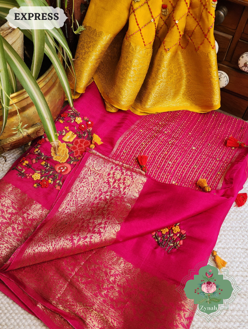 Zynah Hot Pink Munga Silk Saree With Zari Borders And Frenchknot & Kantha Embroidery; Custom Stitched/Ready-made Blouse, Fall, Petticoat; SKU: 1804202301