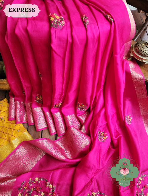 Zynah Hot Pink Munga Silk Saree With Zari Borders And Frenchknot & Kantha Embroidery; Custom Stitched/Ready-made Blouse, Fall, Petticoat; SKU: 1804202301