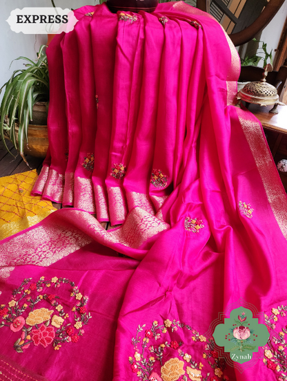 Zynah Hot Pink Munga Silk Saree With Zari Borders And Frenchknot & Kantha Embroidery; Custom Stitched/Ready-made Blouse, Fall, Petticoat; SKU: 1804202301