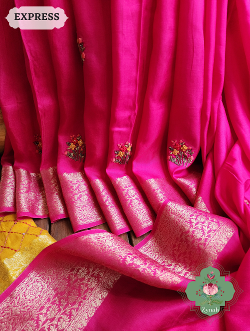 Zynah Hot Pink Munga Silk Saree With Zari Borders And Frenchknot & Kantha Embroidery; Custom Stitched/Ready-made Blouse, Fall, Petticoat; SKU: 1804202301