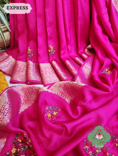 Zynah Hot Pink Munga Silk Saree With Zari Borders And Frenchknot & Kantha Embroidery; Custom Stitched/Ready-made Blouse, Fall, Petticoat; SKU: 1804202301