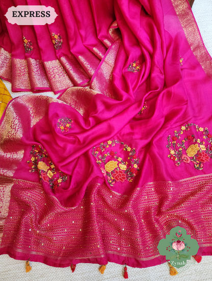 Zynah Hot Pink Munga Silk Saree With Zari Borders And Frenchknot & Kantha Embroidery; Custom Stitched/Ready-made Blouse, Fall, Petticoat; SKU: 1804202301