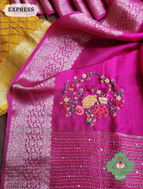 Zynah Hot Pink Munga Silk Saree With Zari Borders And Frenchknot & Kantha Embroidery; Custom Stitched/Ready-made Blouse, Fall, Petticoat; SKU: 1804202301