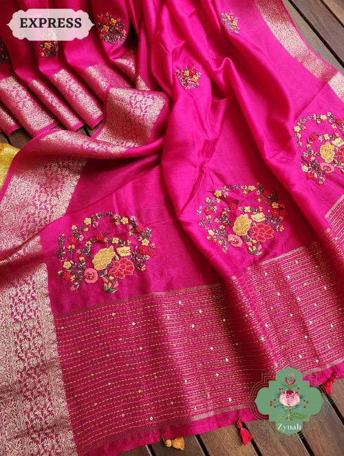 Zynah Hot Pink Munga Silk Saree With Zari Borders And Frenchknot & Kantha Embroidery; Custom Stitched/Ready-made Blouse, Fall, Petticoat; SKU: 1804202301