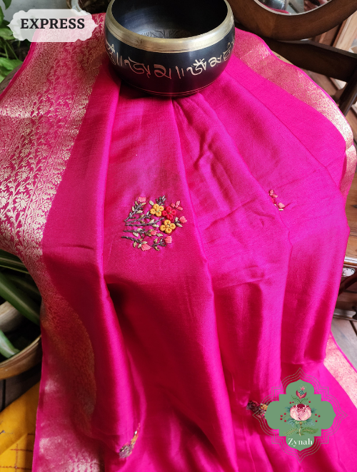 Zynah Hot Pink Munga Silk Saree With Zari Borders And Frenchknot & Kantha Embroidery; Custom Stitched/Ready-made Blouse, Fall, Petticoat; SKU: 1804202301