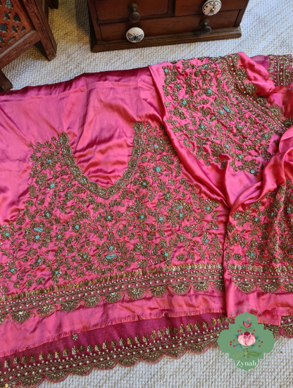 Zynah Hot Pink Pure Organza Silk Saree With Floral Butis All Over The Body, Zardosi, Maggam, Pearl Beads, Cutdana Handwork & Scalloped Borders; Custom Stitched/Ready-made Blouse, Fall, Petticoat; SKU: 1402202301