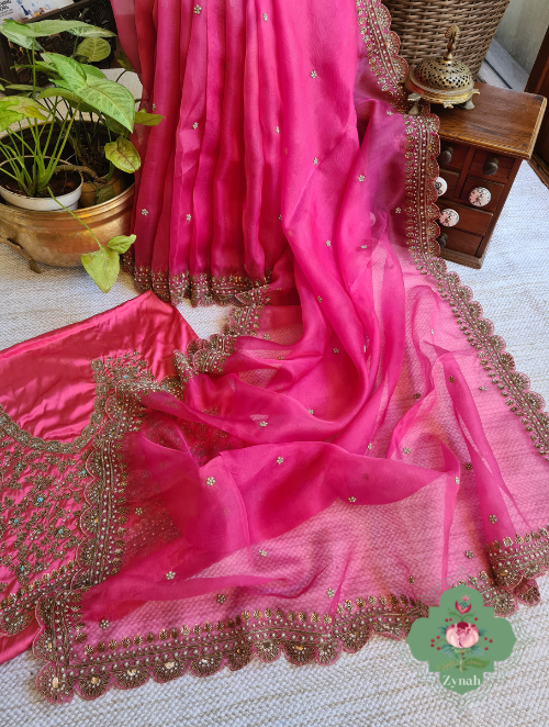 Zynah Hot Pink Pure Organza Silk Saree With Floral Butis All Over The Body, Zardosi, Maggam, Pearl Beads, Cutdana Handwork & Scalloped Borders; Custom Stitched/Ready-made Blouse, Fall, Petticoat; SKU: 1402202301