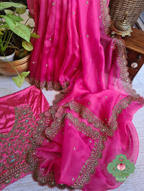 Zynah Hot Pink Pure Organza Silk Saree With Floral Butis All Over The Body, Zardosi, Maggam, Pearl Beads, Cutdana Handwork & Scalloped Borders; Custom Stitched/Ready-made Blouse, Fall, Petticoat; SKU: 1402202301