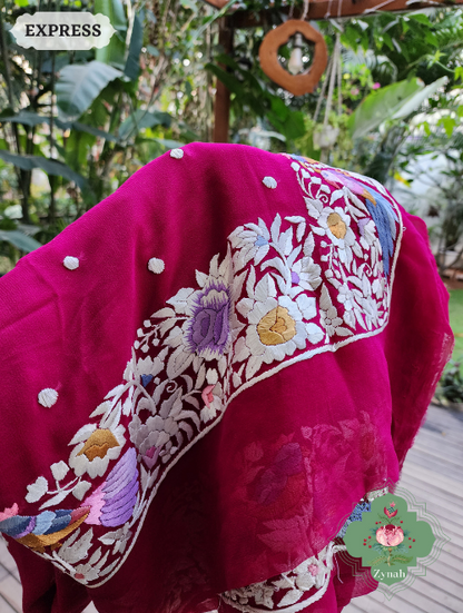 Zynah Made to Order Fuschia Pink Pure Georgette Hand Embroidered Parsi Gara Saree, Authentic Vintage Art, Heirloom Piece; Custom Stitched/Ready-made Blouse, Fall, Petticoat; SKU: 2302202306