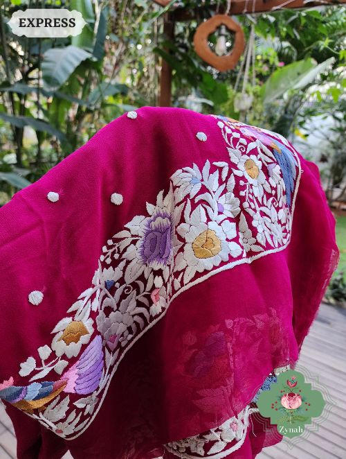 Zynah Fuschia Pink Pure Crepe Silk Hand Embroidered Parsi Gara Saree, Authentic Vintage Art, Heirloom Piece; Custom Stitched/Ready-made Blouse, Fall, Petticoat; SKU: 2302202306