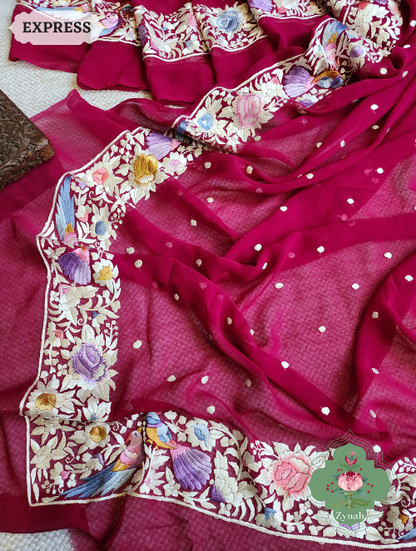 Zynah Made to Order Fuschia Pink Pure Georgette Hand Embroidered Parsi Gara Saree, Authentic Vintage Art, Heirloom Piece; Custom Stitched/Ready-made Blouse, Fall, Petticoat; SKU: 2302202306