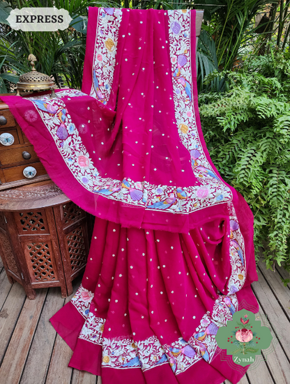 Zynah Made to Order Fuschia Pink Pure Georgette Hand Embroidered Parsi Gara Saree, Authentic Vintage Art, Heirloom Piece; Custom Stitched/Ready-made Blouse, Fall, Petticoat; SKU: 2302202306