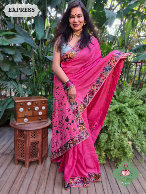 Zynah Fuchsia Pink Pure Tussar Silk Parsi Gara Hand Embroidered Saree; Custom Stitched/Ready-made Blouse, Fall, Petticoat; SKU: 3003202301