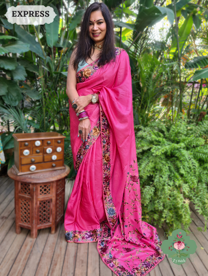 Fuchsia Tussar Silk Parsi Gara Saree with vibrant color and intricate embroidery, perfect for special occasions