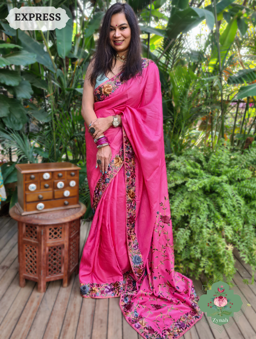 Fuchsia Tussar Silk Parsi Gara Saree with vibrant color and intricate embroidery, perfect for special occasions