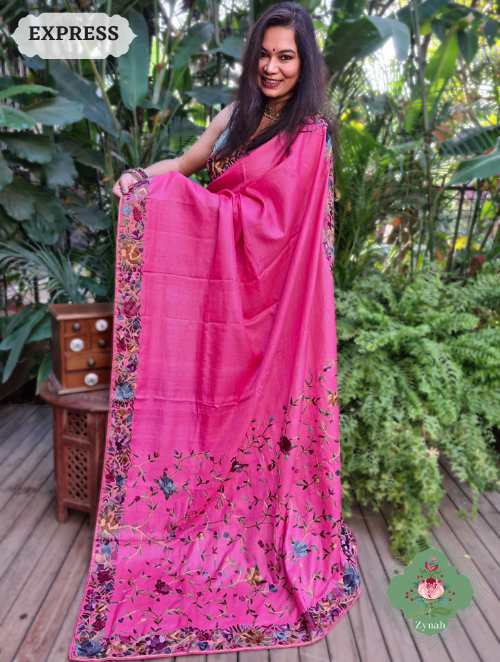 Zynah Fuchsia Pink Pure Tussar Silk Parsi Gara Hand Embroidered Saree; Custom Stitched/Ready-made Blouse, Fall, Petticoat; SKU: 3003202301