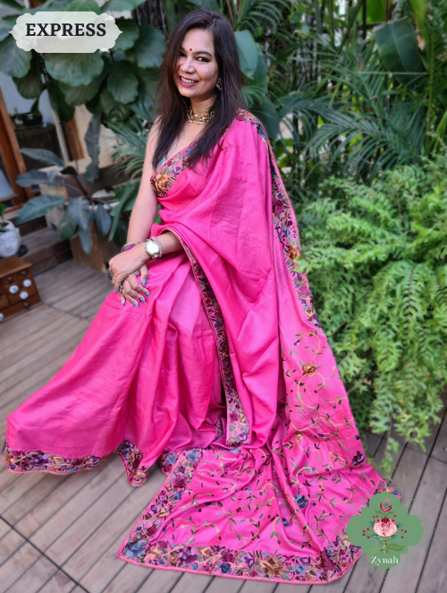 Zynah Fuchsia Pink Pure Tussar Silk Parsi Gara Hand Embroidered Saree; Custom Stitched/Ready-made Blouse, Fall, Petticoat; SKU: 3003202301