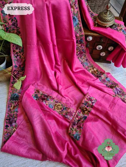Zynah Fuchsia Pink Pure Tussar Silk Parsi Gara Hand Embroidered Saree; Custom Stitched/Ready-made Blouse, Fall, Petticoat; SKU: 3003202301