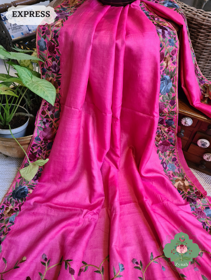 Zynah Fuchsia Pink Pure Tussar Silk Parsi Gara Hand Embroidered Saree; Custom Stitched/Ready-made Blouse, Fall, Petticoat; SKU: 3003202301