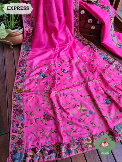 Zynah Fuchsia Pink Pure Tussar Silk Parsi Gara Hand Embroidered Saree; Custom Stitched/Ready-made Blouse, Fall, Petticoat; SKU: 3003202301